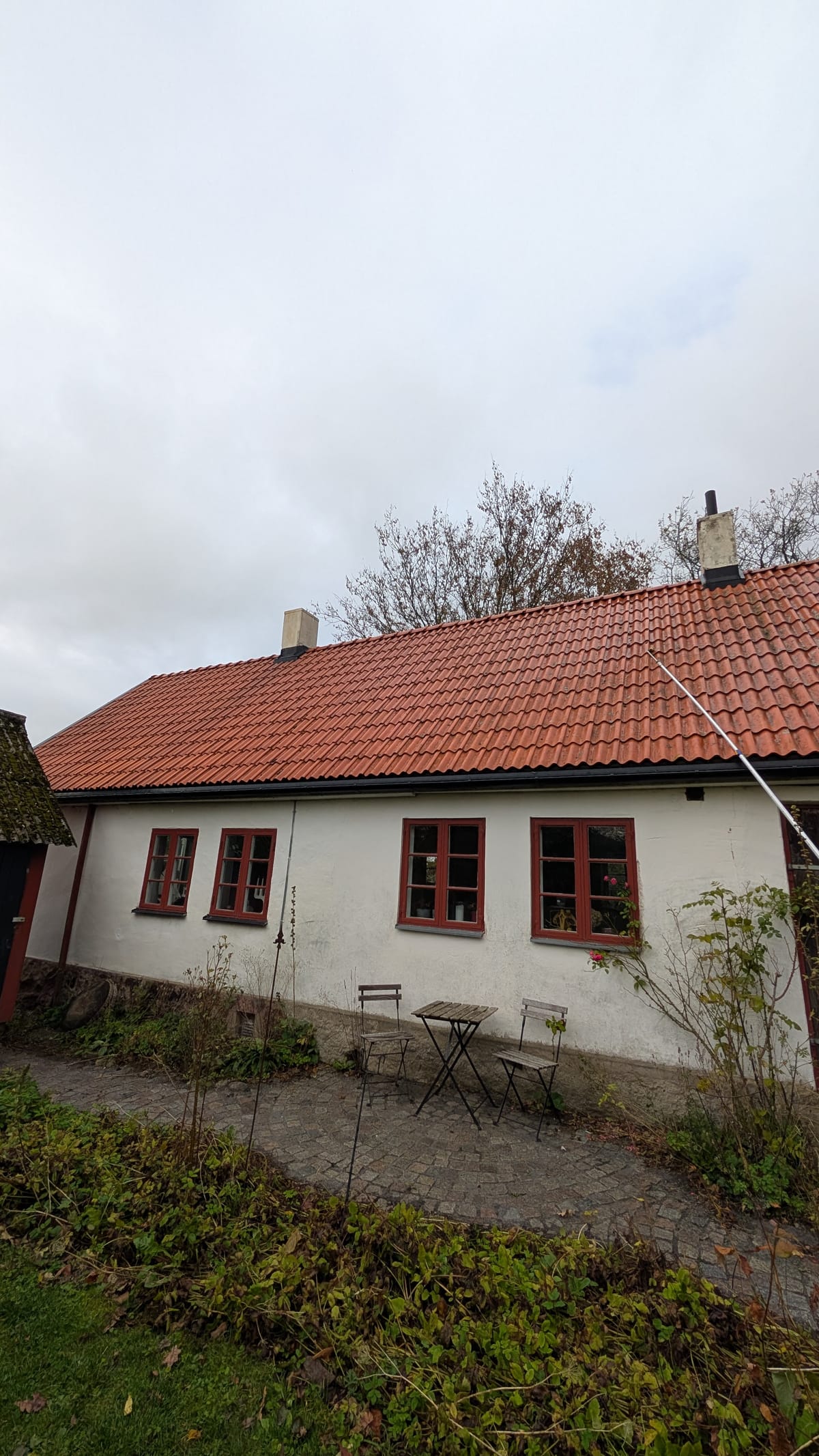 Taktvätt Simrishamn - vitkalkat hus med rött tegeltak